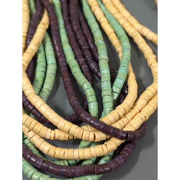 Tribal Yellow Green Brown Stacked Wood Bead Mulit Strand Long Necklace 28" - Picture 3 of 8